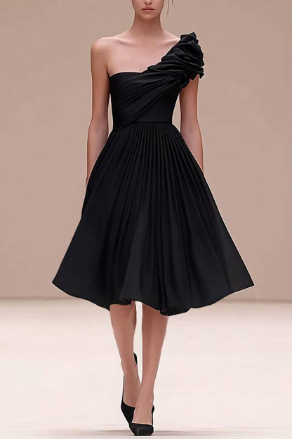 Evening Pleated Prom Dress One-Shoulder Black Knee Length Dress