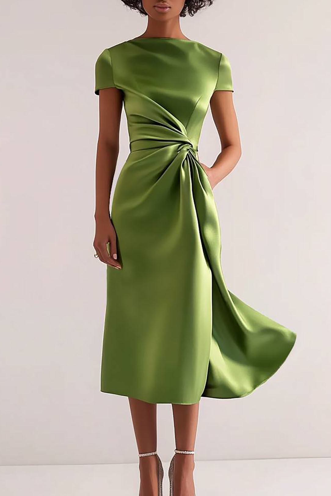 Wedding Guest Dress Short Sleeves Green Midi Mother of Bride Dress