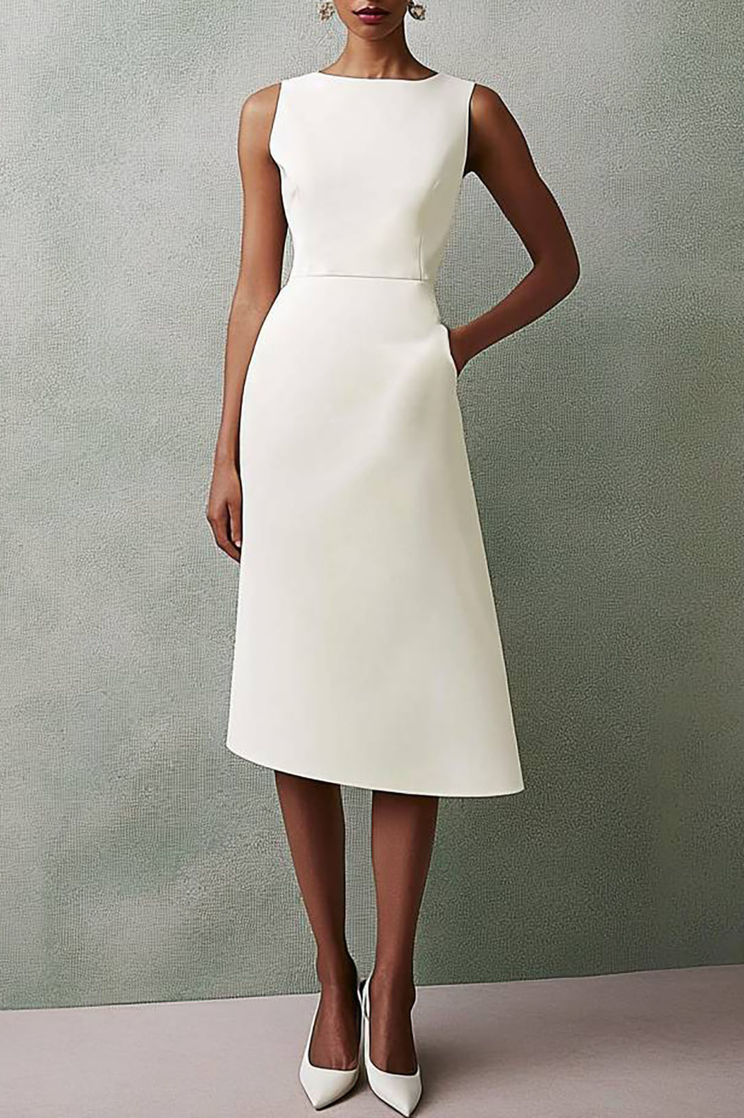 White sleeveless crew neck work dress with pockets