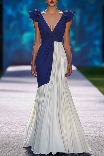 Evening Party Purple Dress Color-block Deep V Pleated Floor-Length Dress