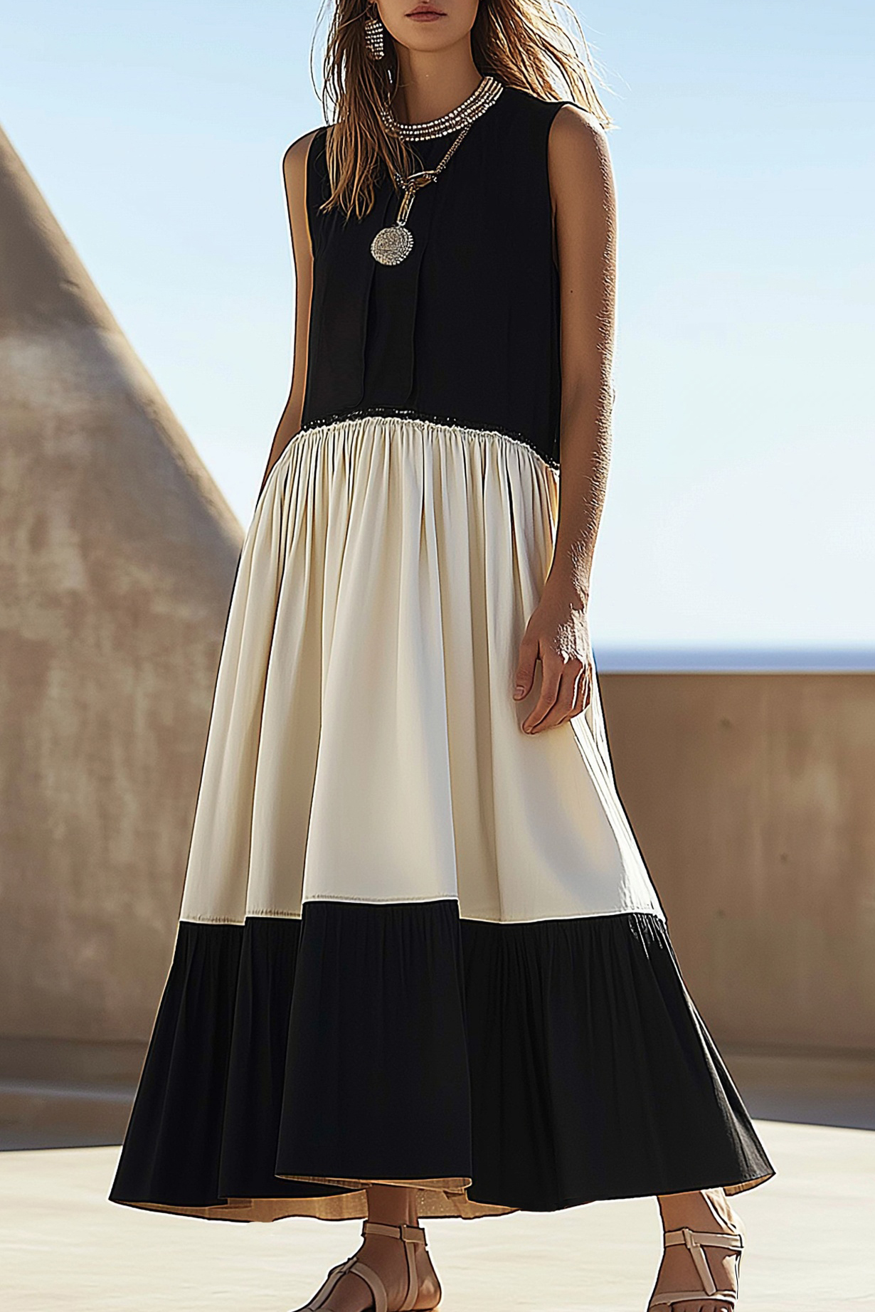 Casual Linen Dress Black White Colorblock Round Neck Sleeveless Maxi D