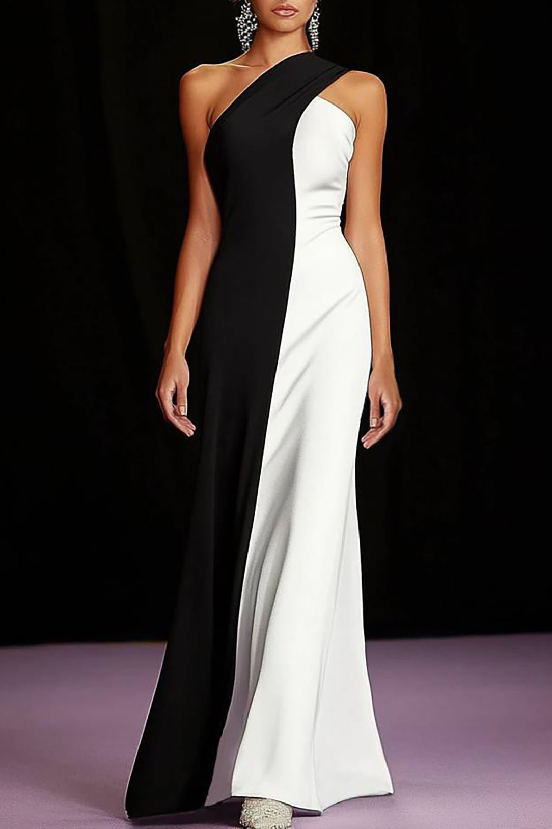 Evening Party Purple Dress Color-block Deep V Pleated Floor-Length Dre