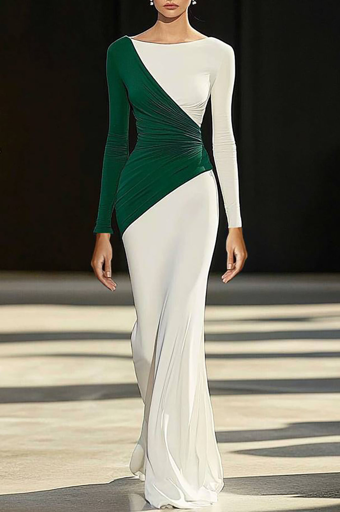 Evening Party Purple Dress Color-block Deep V Pleated Floor-Length Dre