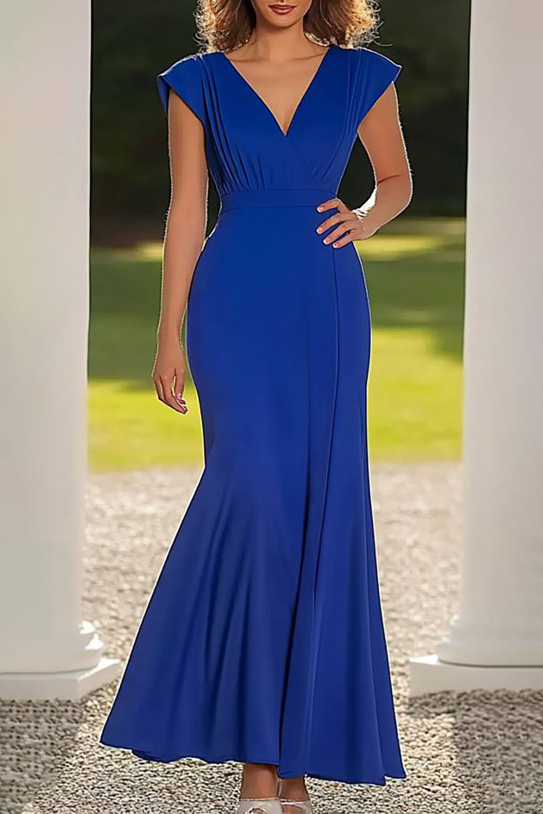 Semi-Formal Party Blue Dress V-Neck Pleated Maxi Dress