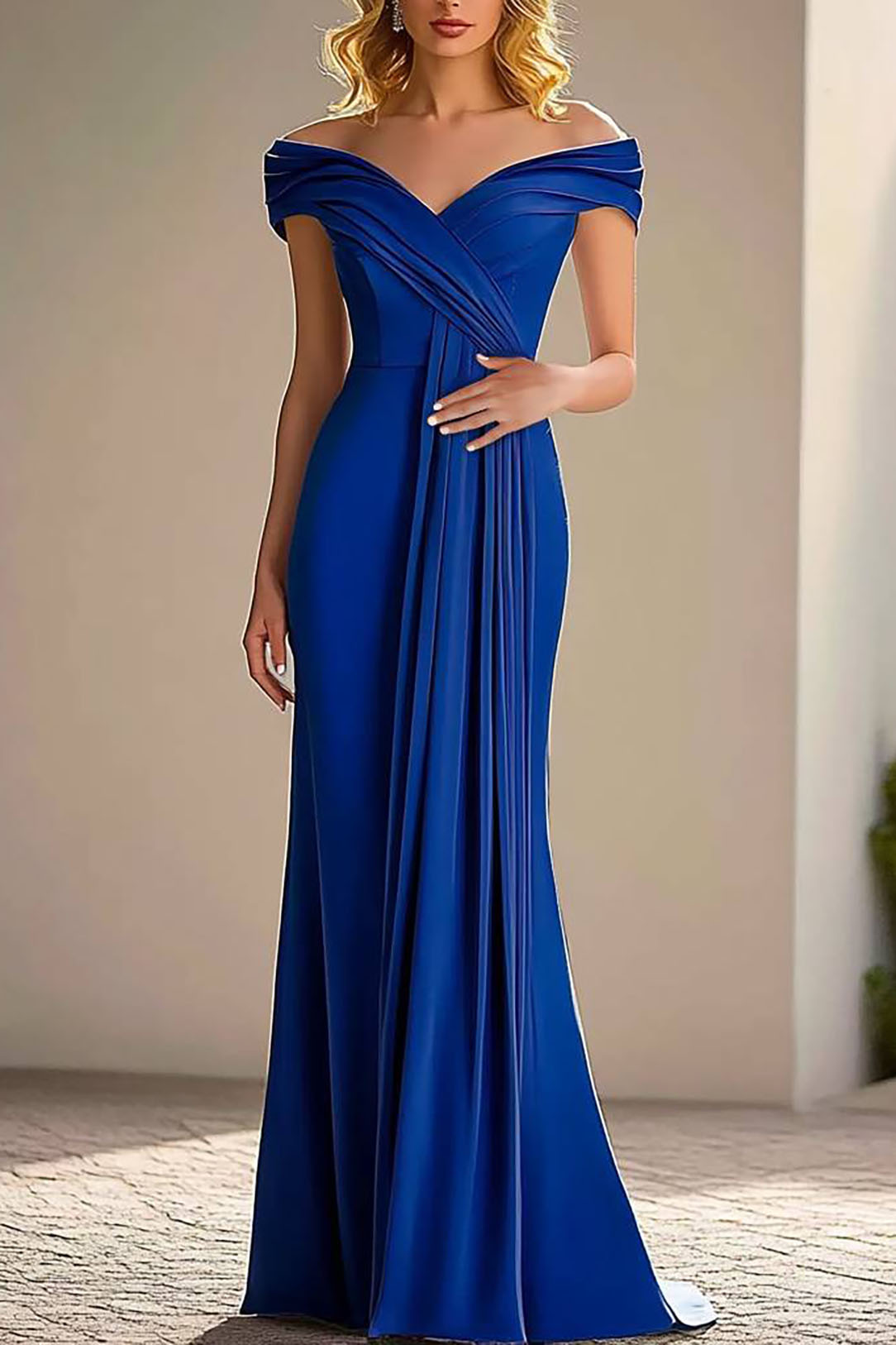 V-neck Cap Sleeves Pleated Floor-length Dress Ocean Blue