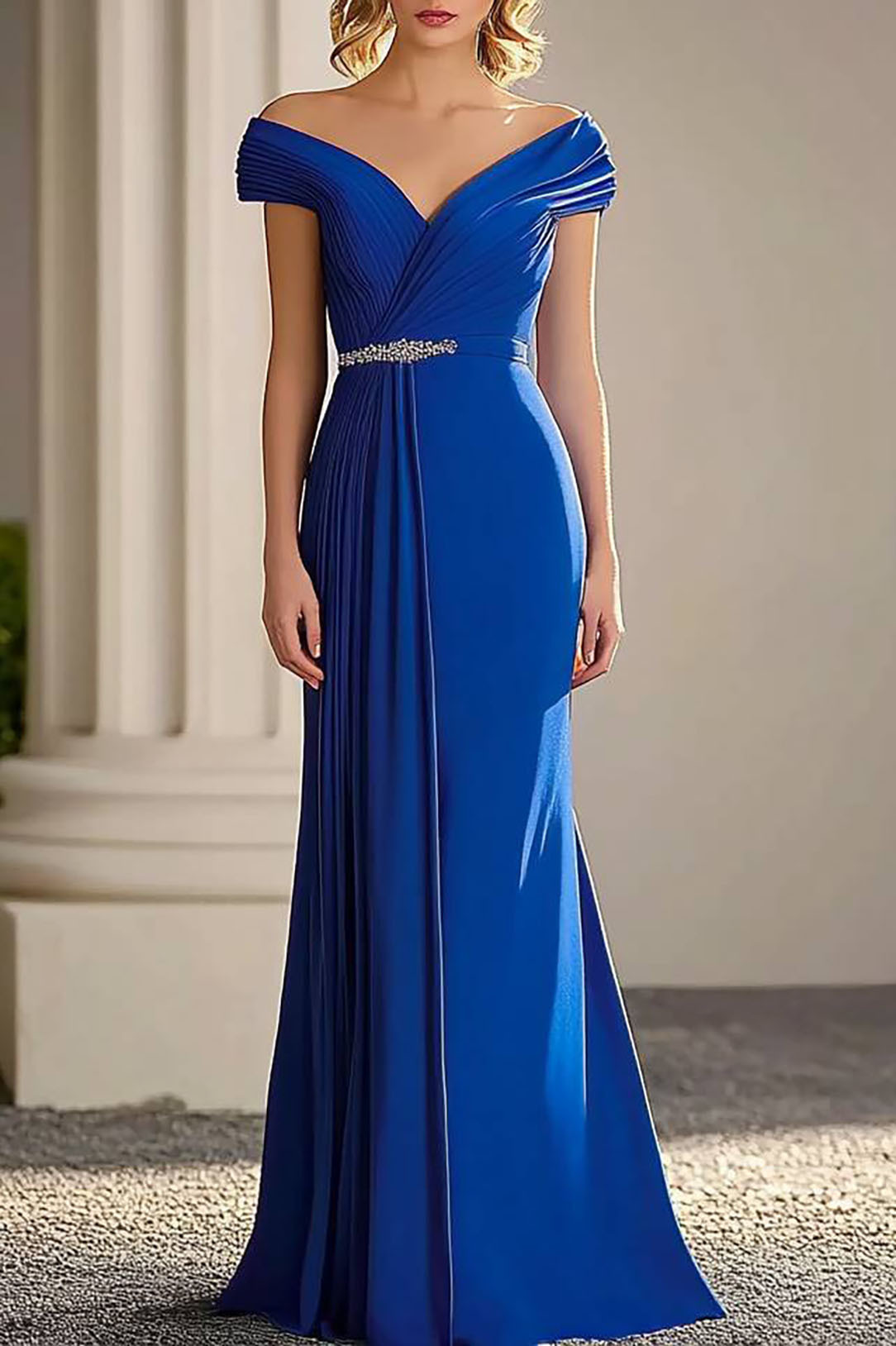 Evening Party Purple Dress Color-block Deep V Pleated Floor-Length Dre