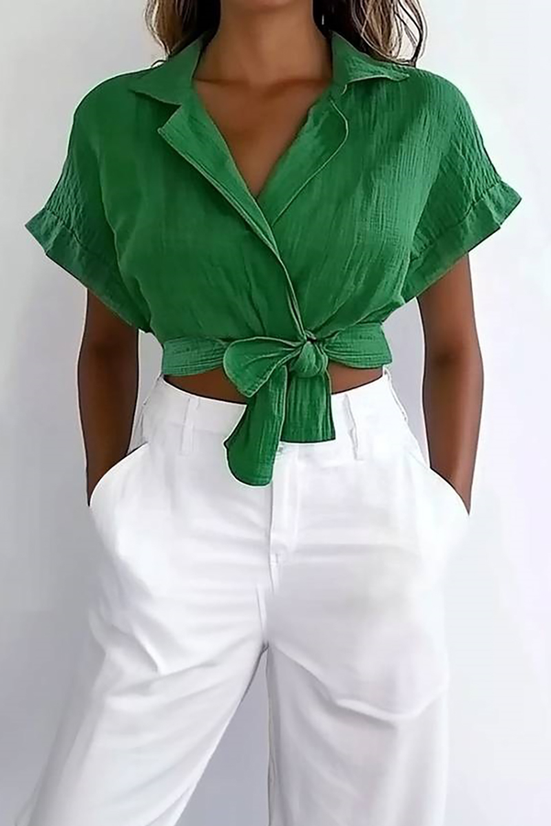 Casual Daily Top Green Linen Collared Short-Sleeve Crop Shirt