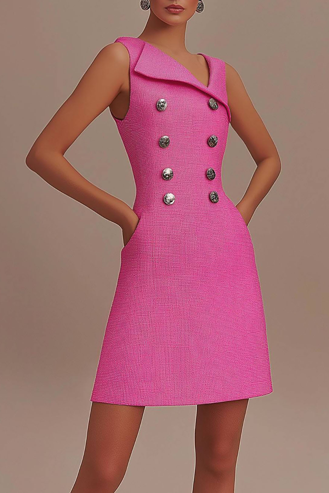 Semi-Formal Work Pink Dress Sleeveless Asymmetrical Neck Pocket Mini Dress
