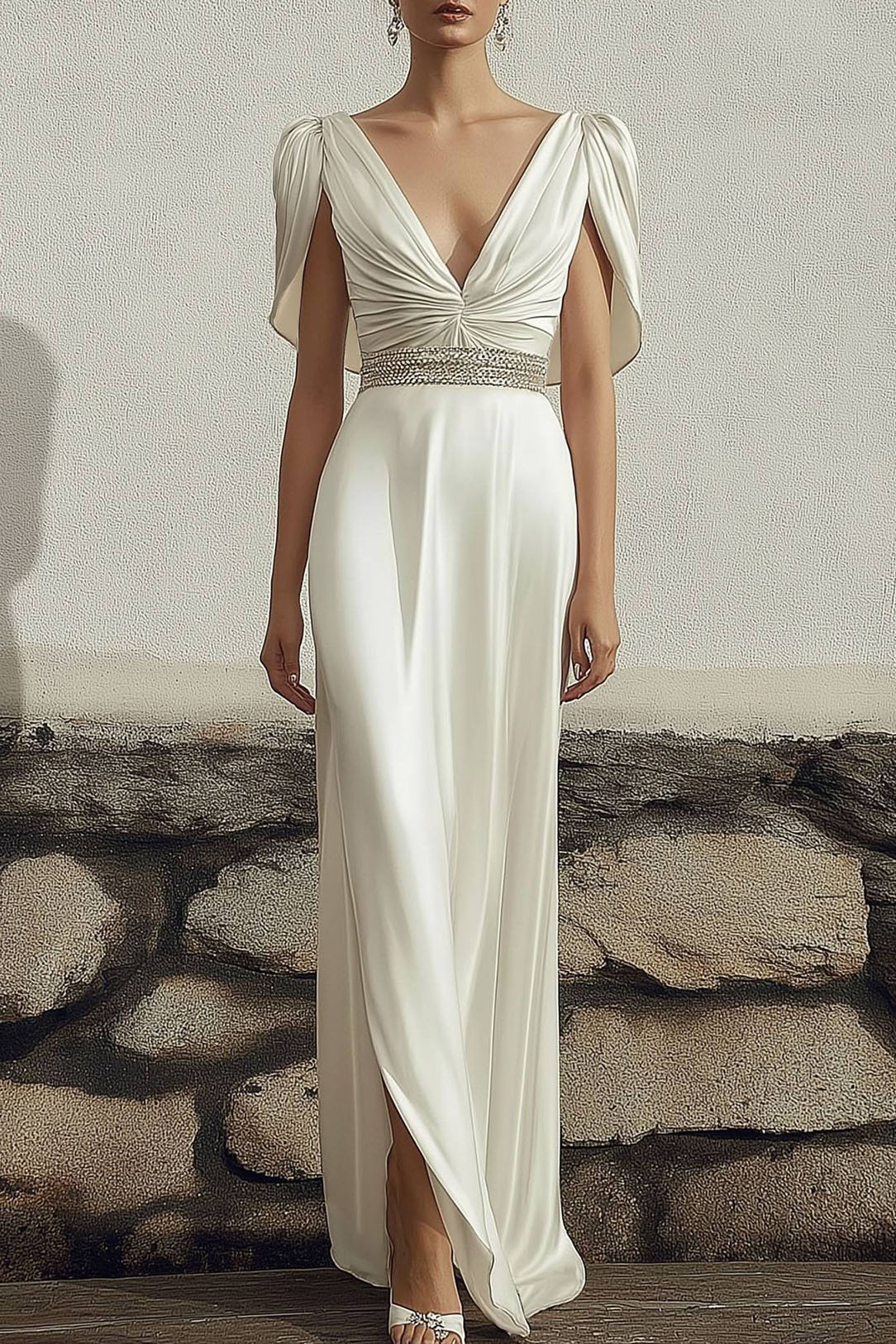Evening Party Satin Dress White Deep V-Neck Rhinestone Belt Slit Maxi Dress