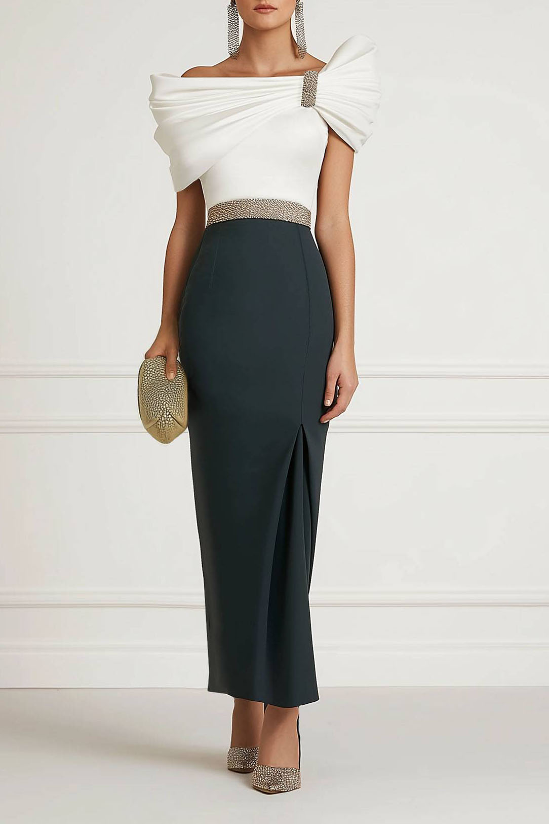 Semi-formal Party Color-block Dress One-Shoulder Pleated Rhinestone Maxi Dress