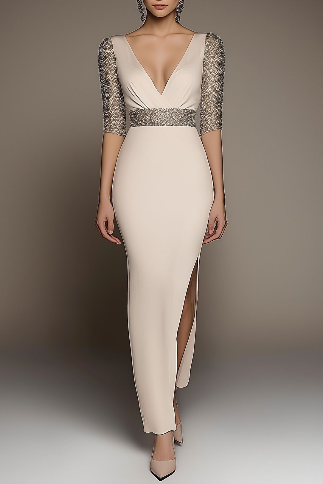 Evening Party Purple Dress Color-block Deep V Pleated Floor-Length Dre