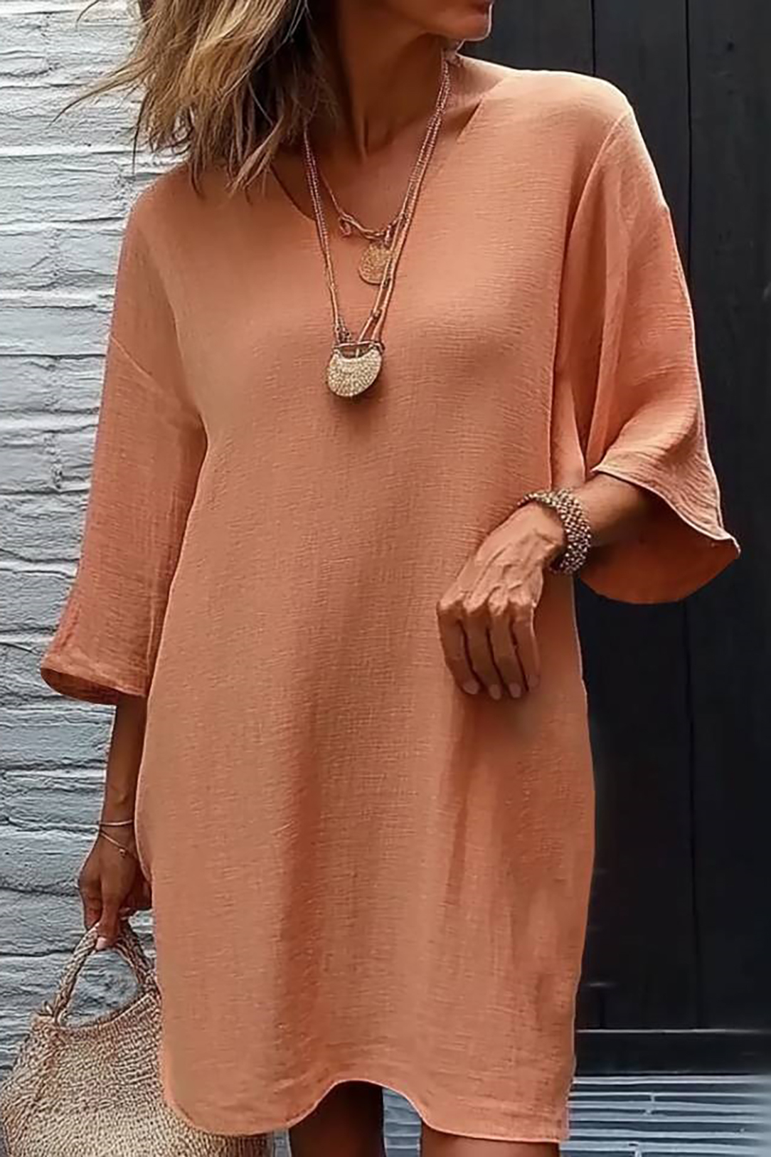 Casual Daily Linen Dress Orange Mini Dress