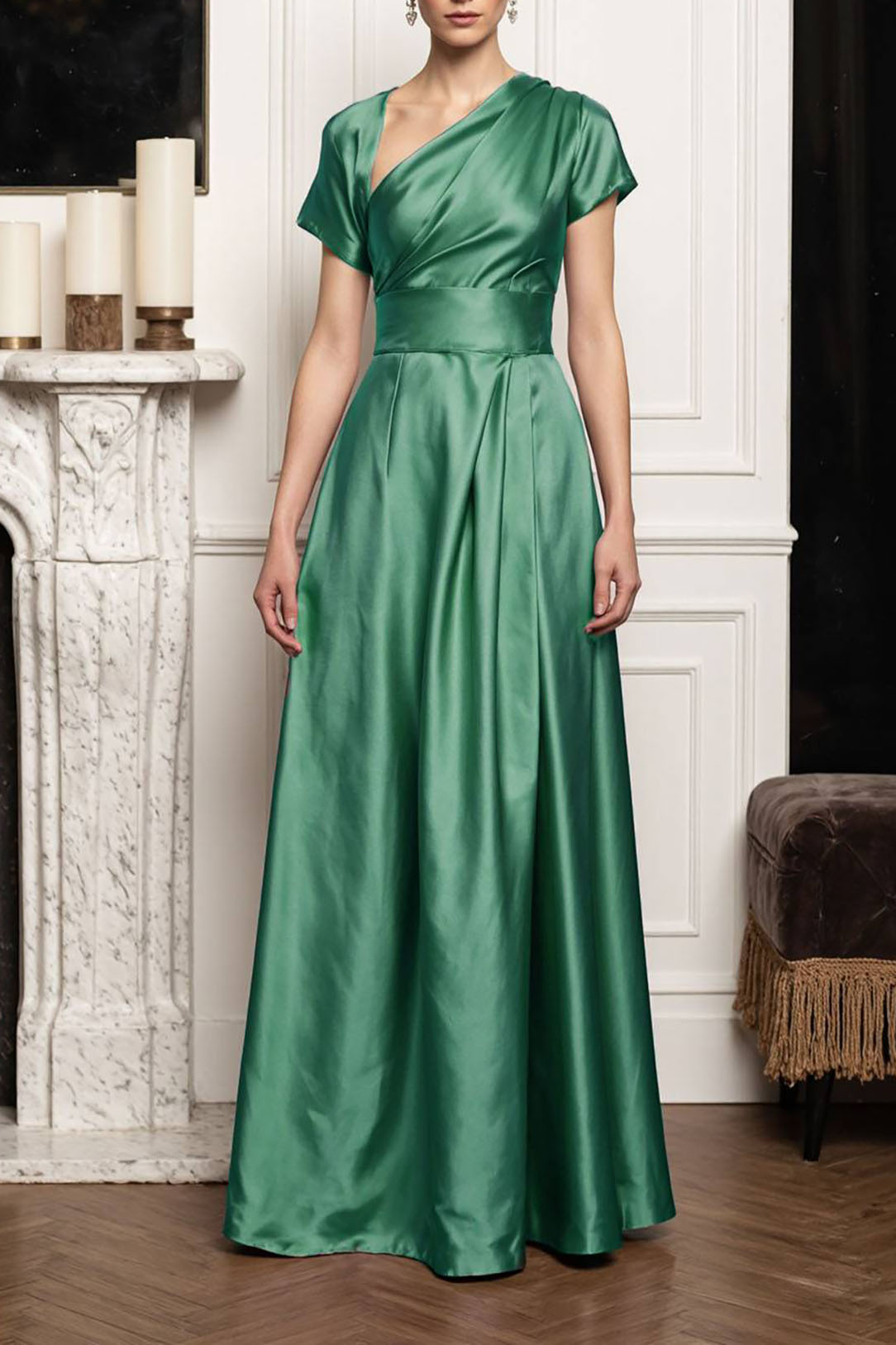 Prom Satin Dress Green Asymmetrical Neck Short Sleeve Floor-Length Dress