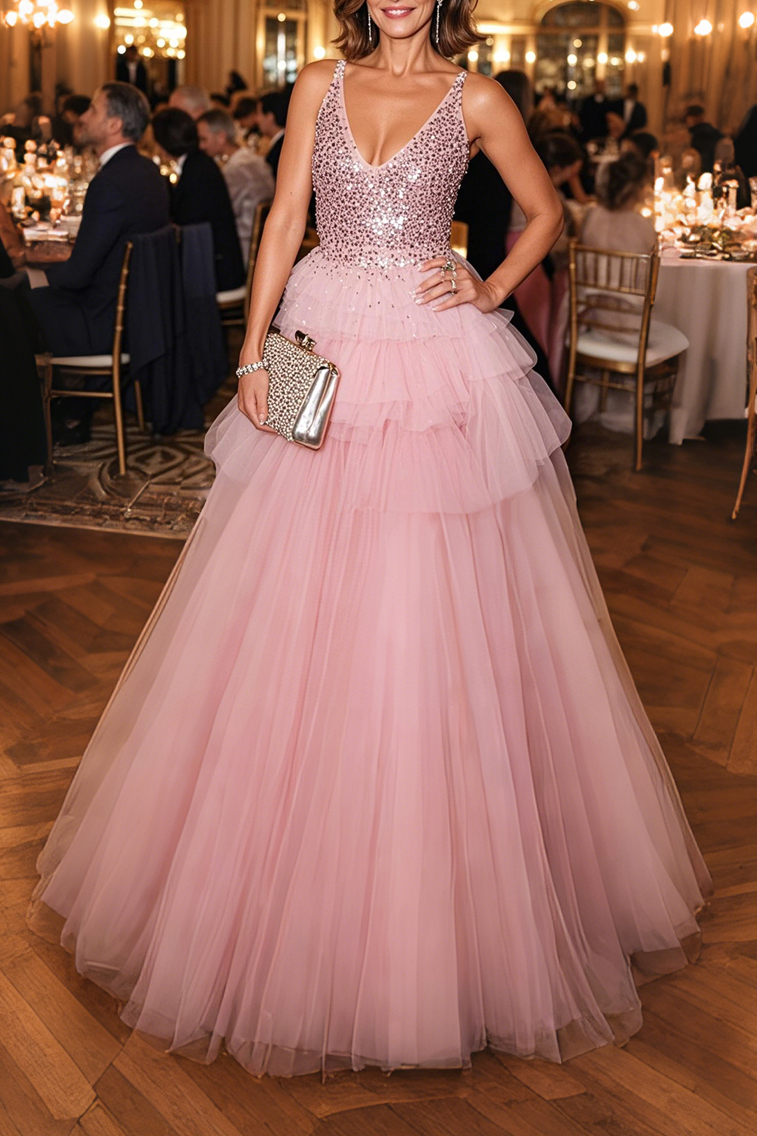 Formal Prom Sequin Dress Pink Spaghetti Strap V-Neck Tulle Floor-Length Dress