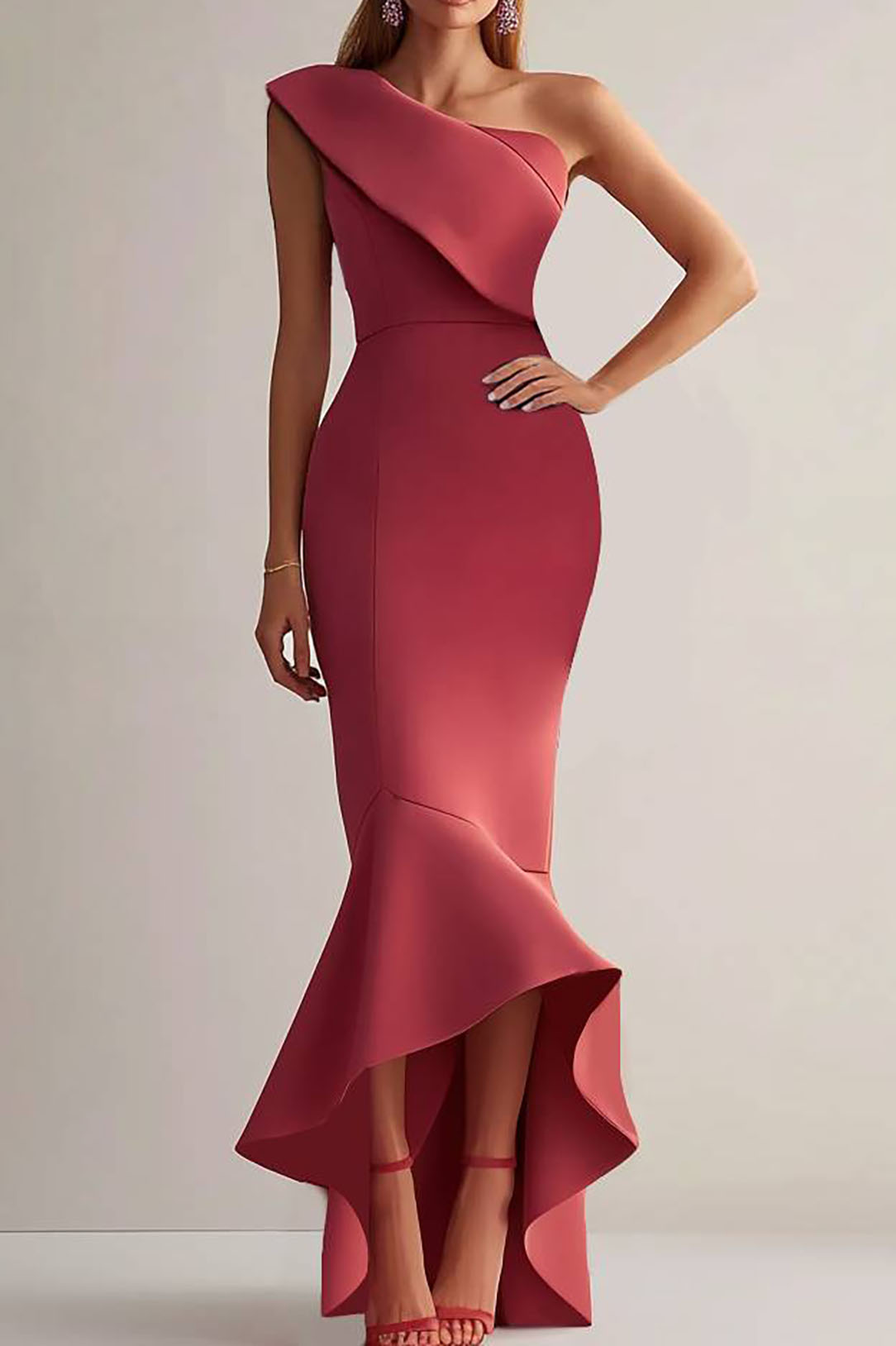 Party Semi-Formal Dress Red One-Shoulder Ruffle Mermaid Bodycon Midi Dress