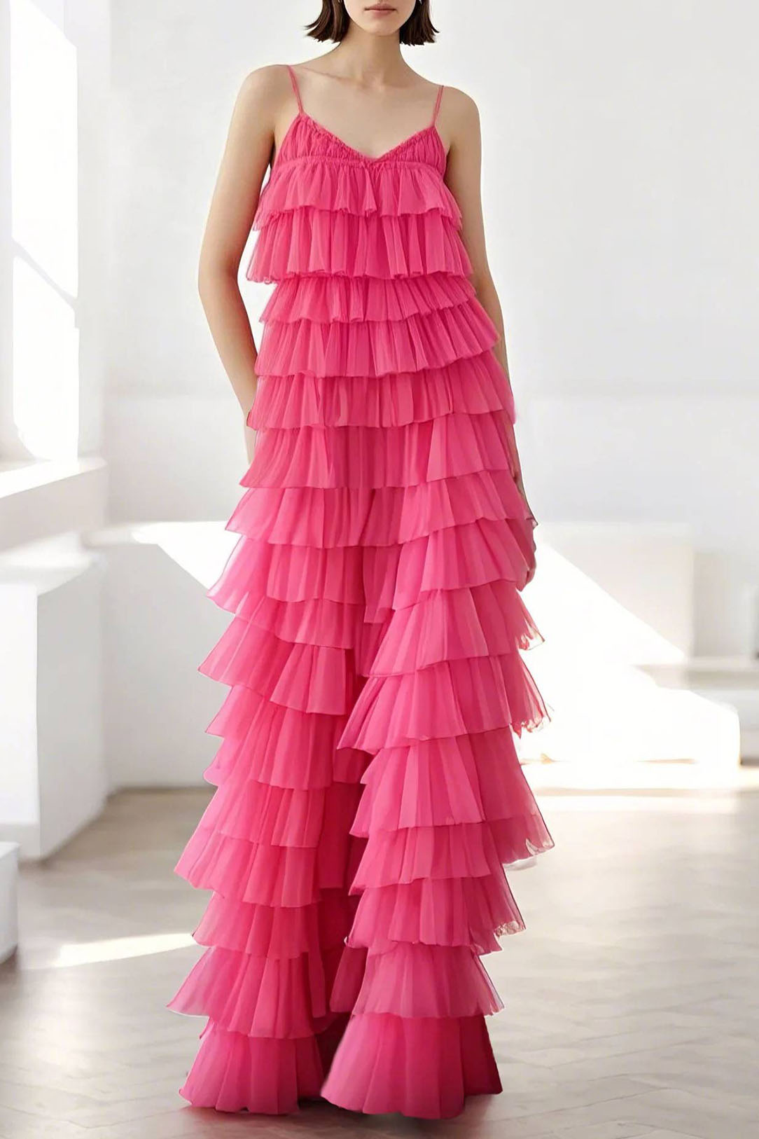 Prom Party Spaghetti Strap Dress Pink Tulle Layered Ruffle Floor-Length Gown