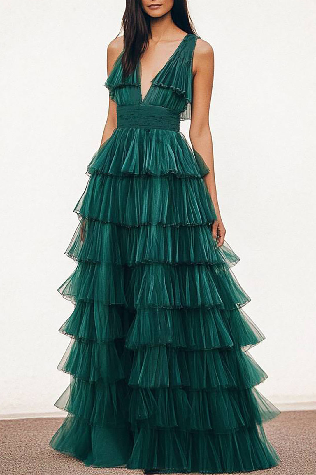Prom Party Dress Green Deep V-Neck Tulle Layered Ruffle Floor-Length Gown