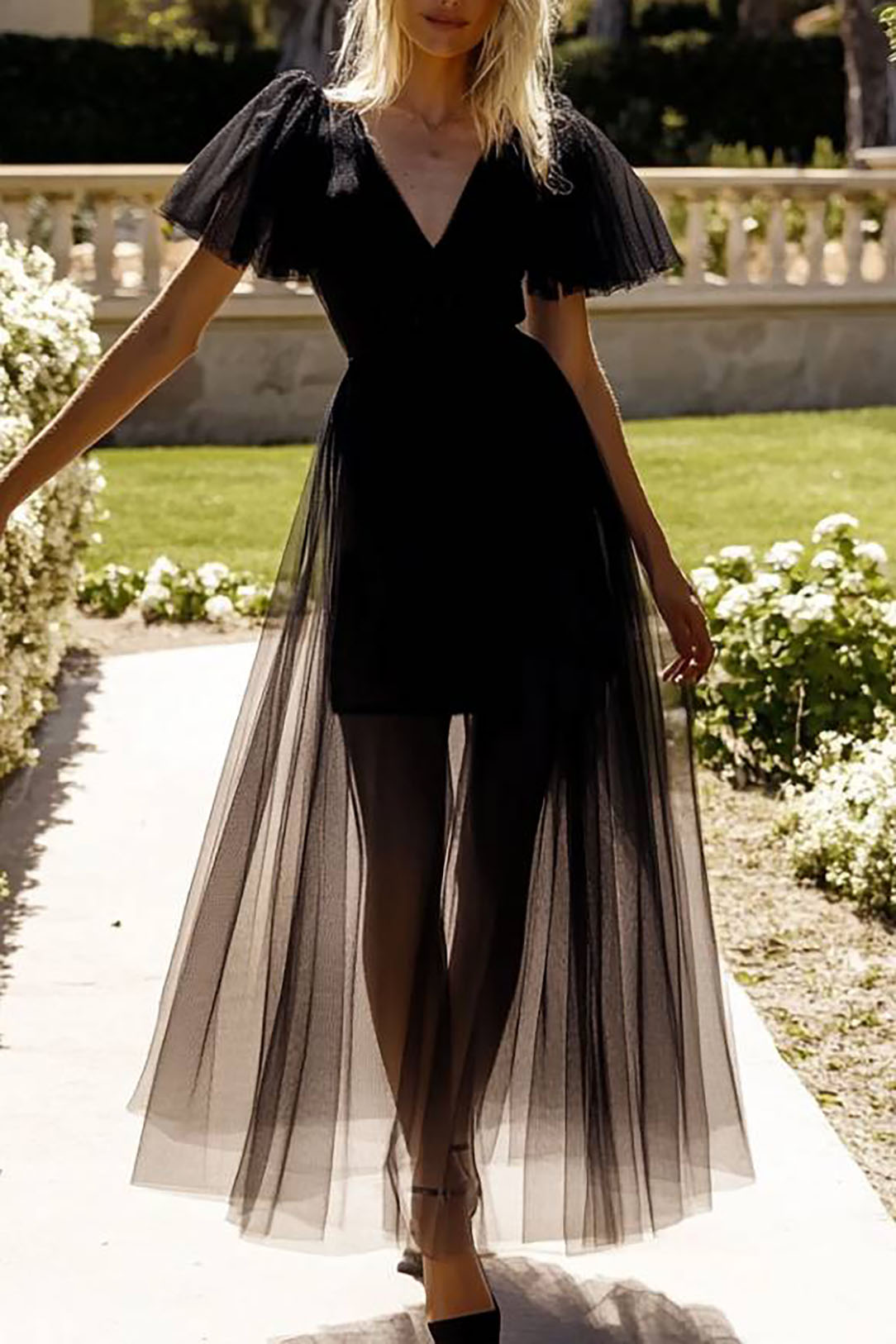 Party Prom Tulle Dress Black Ruffle V-Neck Maxi Dress