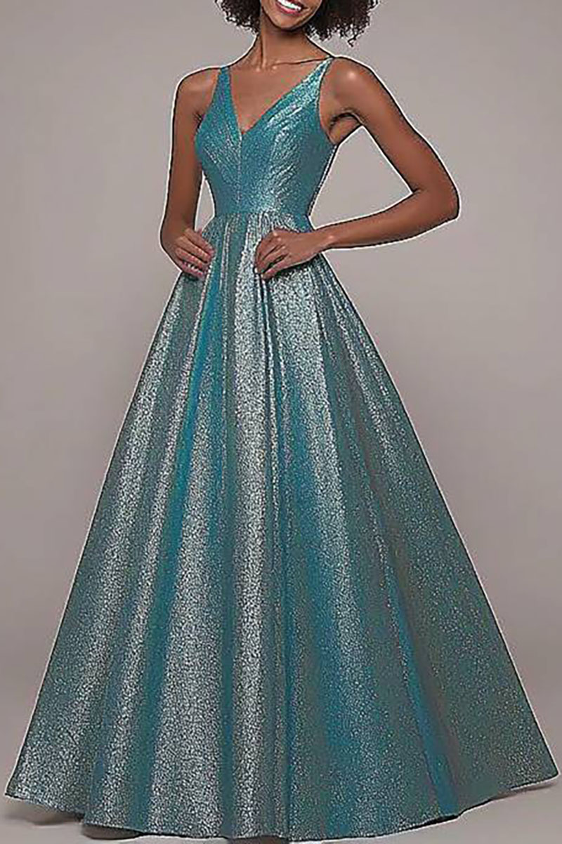 Prom Evening Spaghetti Strap Dress Blue Metallic Fabric Floor-Length Gown
