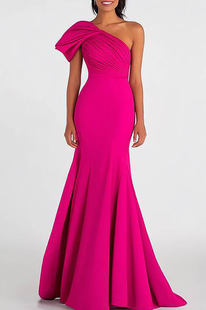 Formal Prom Dress One-Shoulder Fuchsia Mermaid Floor-Length Dress