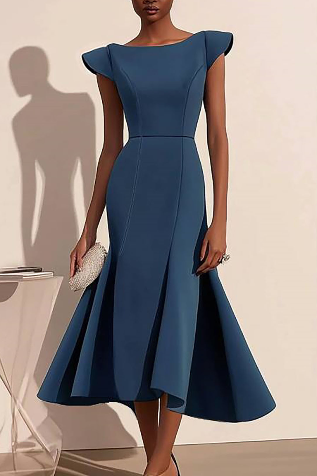Elegant Semi-Formal Dress Dark Blue Boat Neck Sleeveless Midi Gown