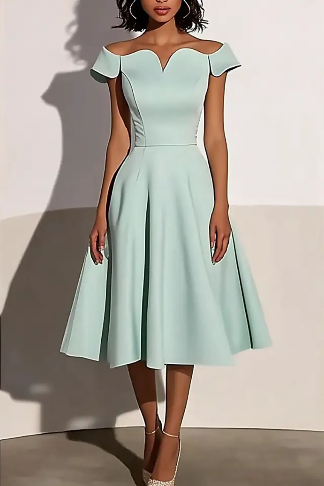 Wedding Guest Party Dress Light Green Off-Shoulder Sweetheart Neck Midi Dress