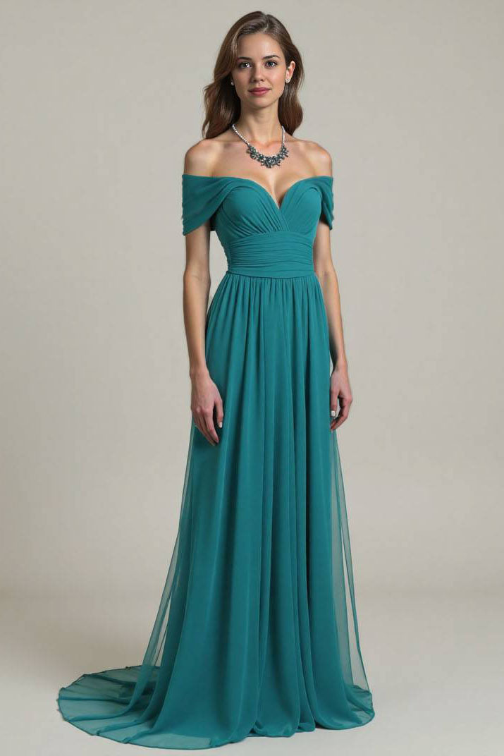Formal Evening Chiffon Dress Green Off-Shoulder Floor-Length Dress