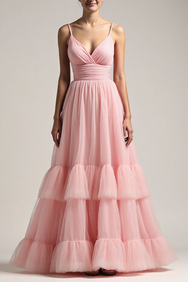 Formal Prom Dress Pink Tulle Spaghetti Strap Multi-Layer Floor-Length Dress
