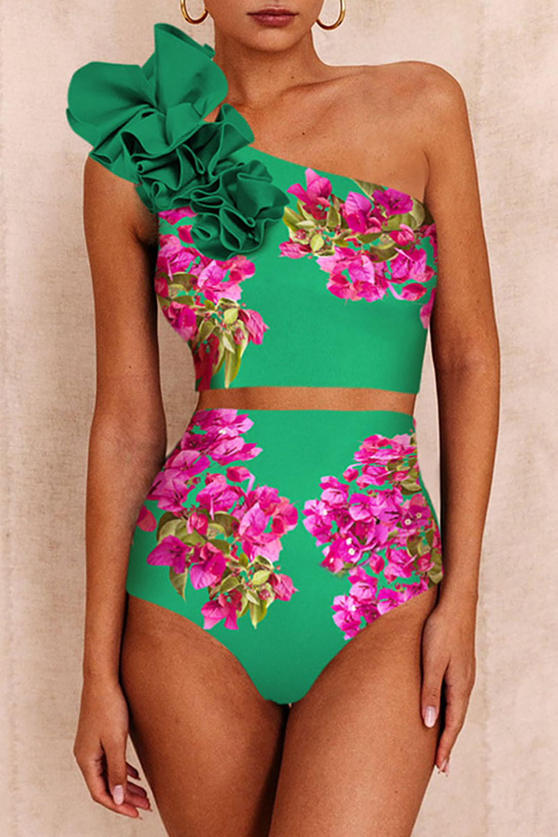 3D Green One-Shoulder Print High Waist Two-Piece Swimsuit and Cover-Up