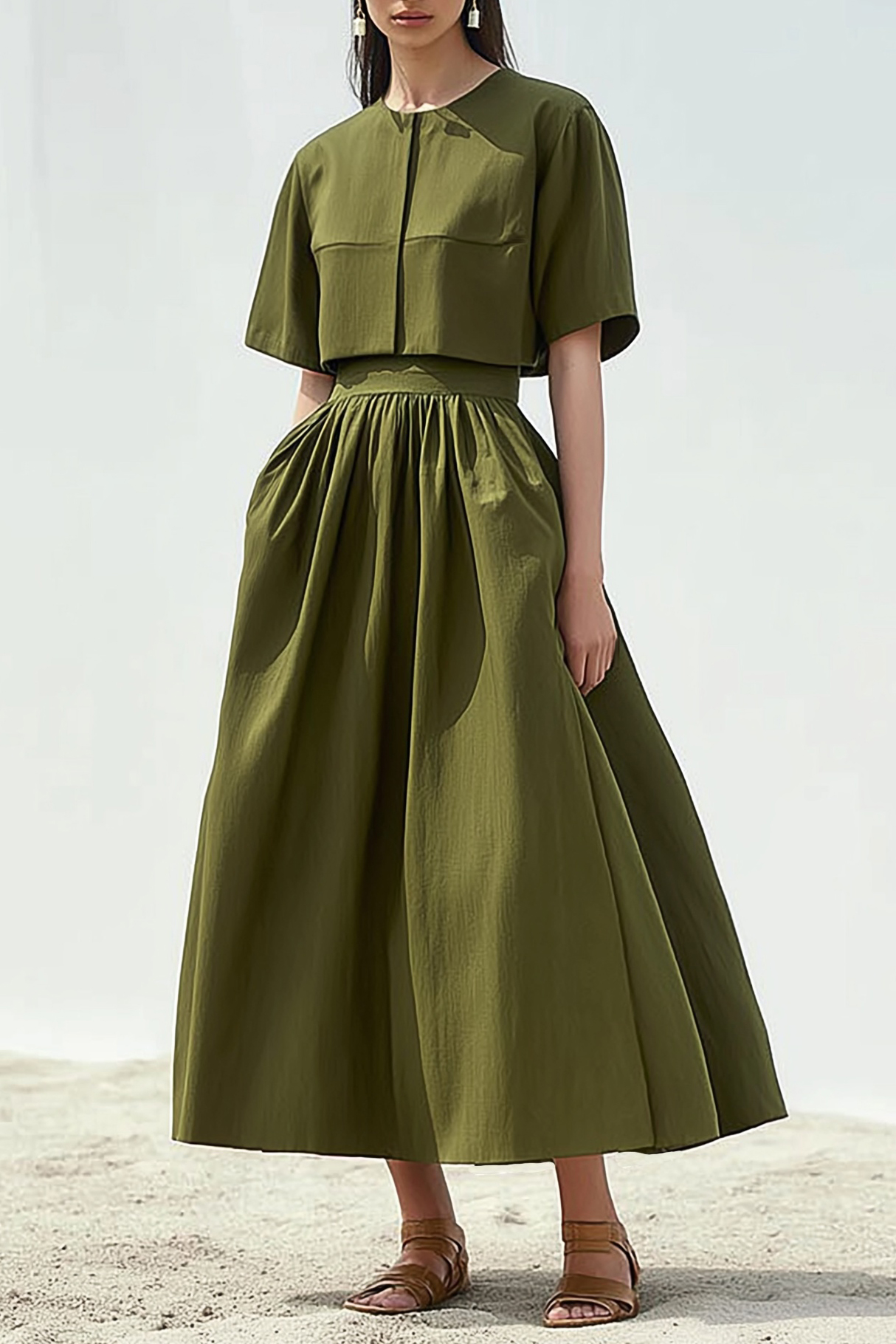 Casual Daily Linen Dress Green Round Neck Maxi Dress