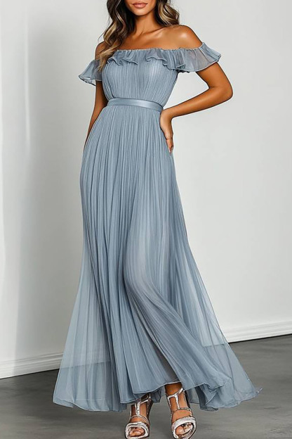 Wedding Guest Party Dress Light Blue Off-Shoulder Ruffle Pleated Maxi Dress