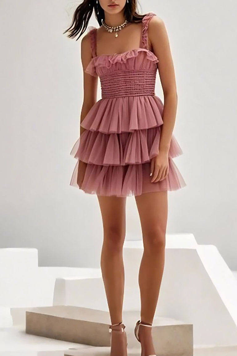 Party Prom Tulle Dress Pink Ruffle Layered Mini Dress