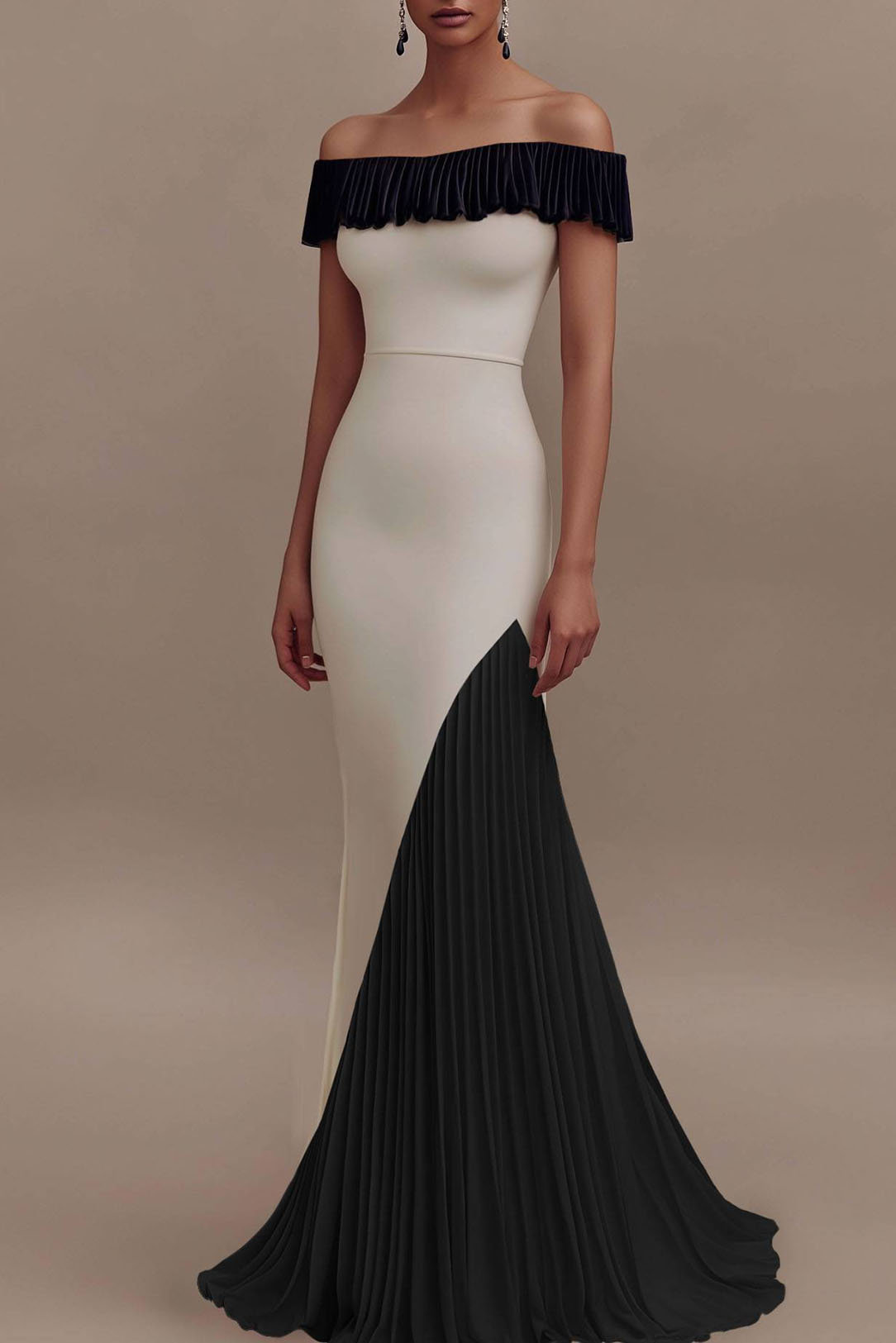 Formal Evening Gown Color Block Off-Shoulder Pleated Floor-Length Dress