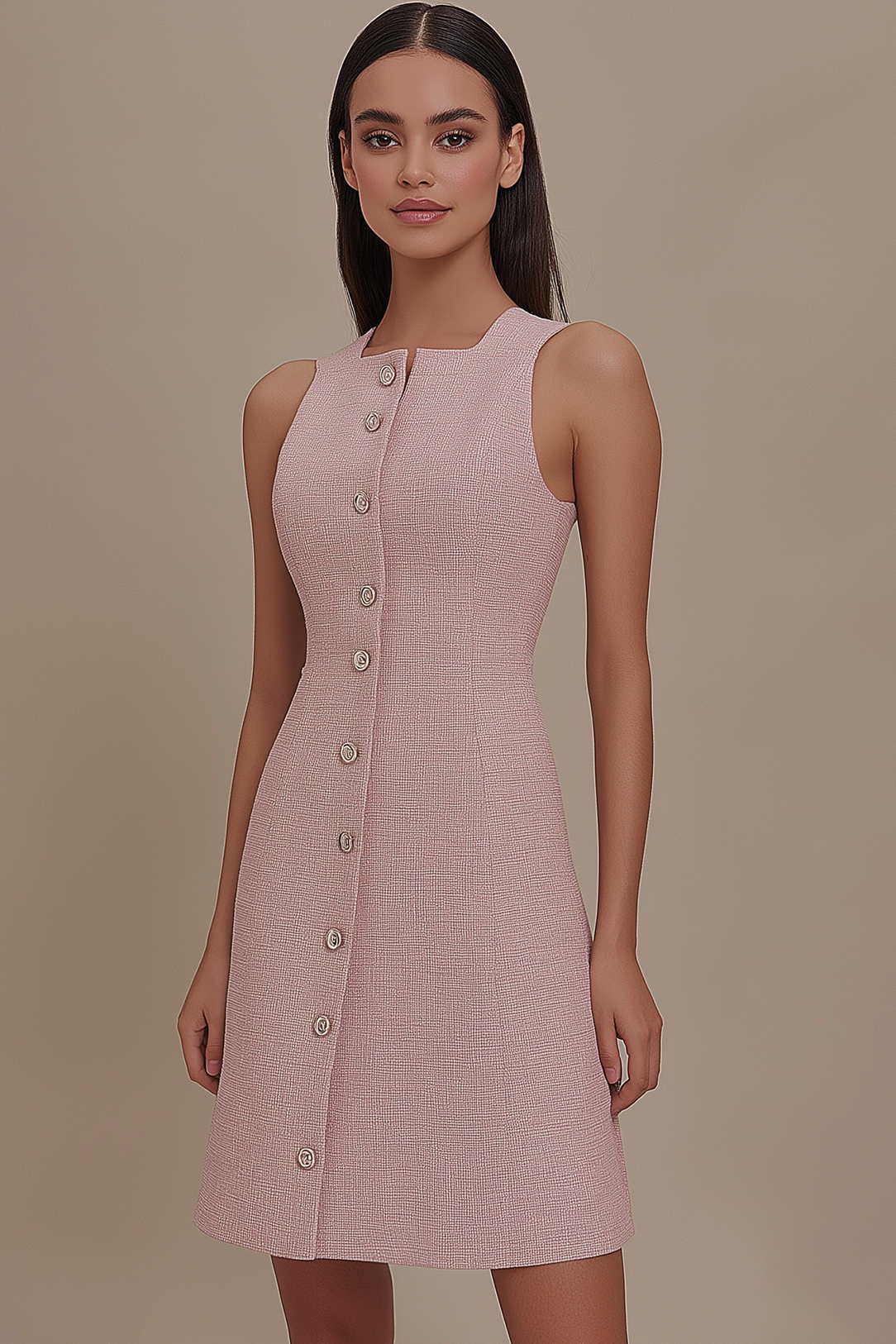 Party Daily Dress Square Neck Pink Sleeveless Button Mini Dress