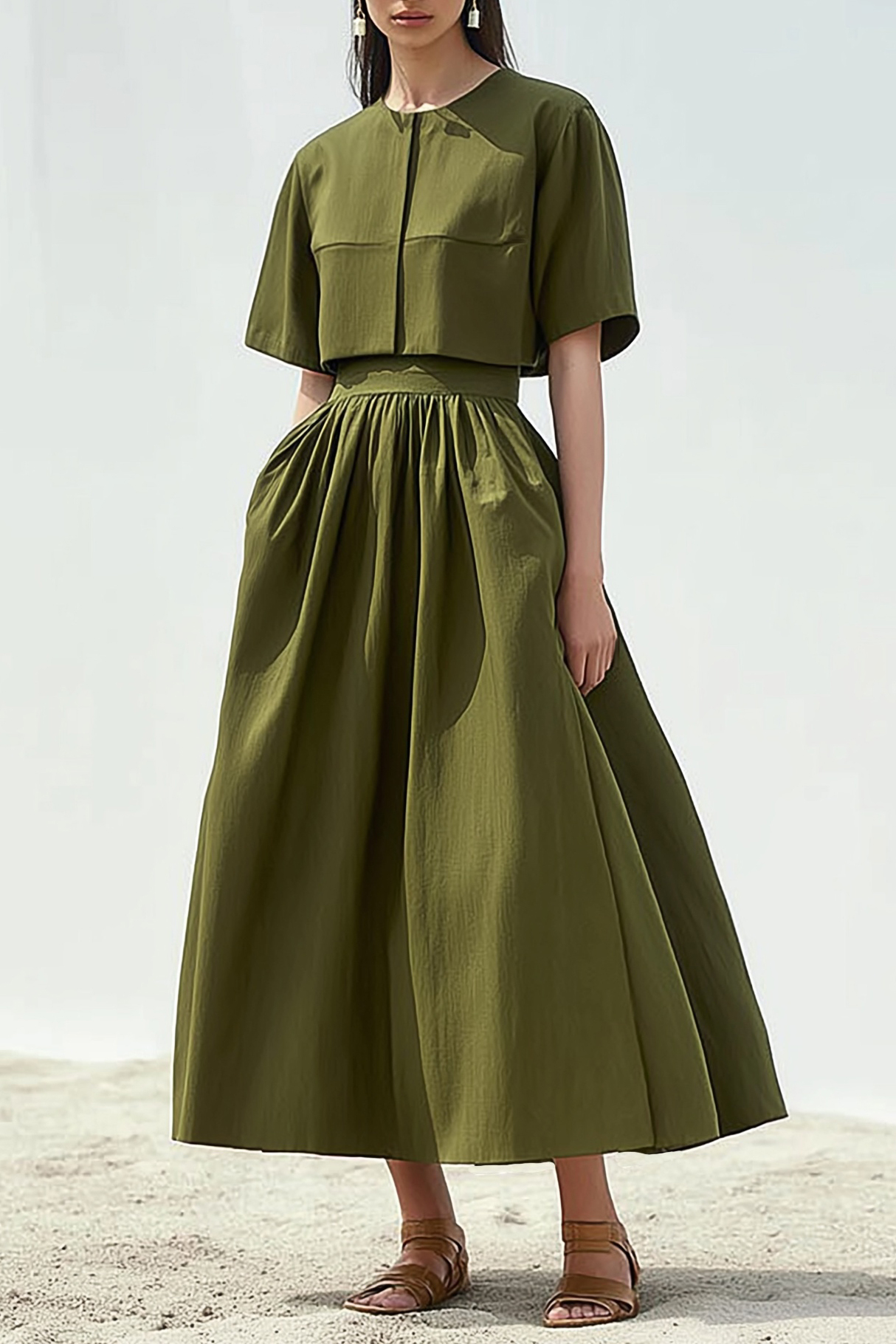 Casual Daily Linen Dress Green Round Neck Maxi Dress