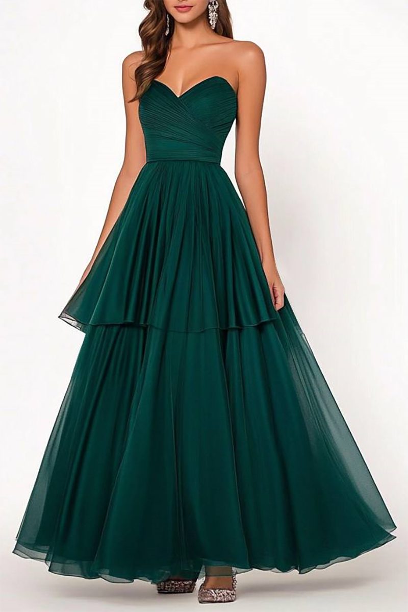 Formal Evening Gown Dark Green Mesh Strapless Multi-Layer Pleated Maxi Dress