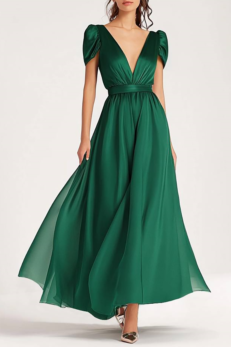 Formal Party Dress Dark Green Chiffon Deep V-Neck Puff Sleeve Maxi Dress
