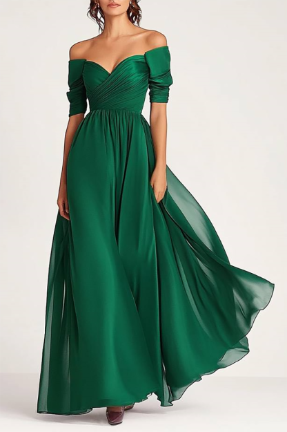 Formal Evening Gown Dark Green Off-Shoulder Chiffon Short Sleeve Maxi Dress