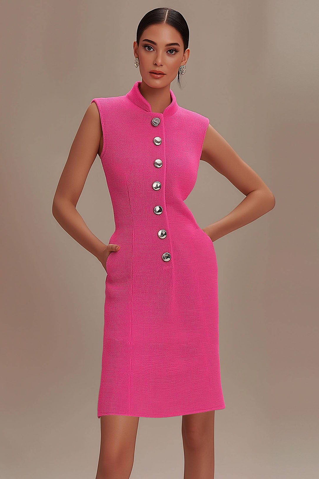 Work Dress Pink Sleeveless Buttoned Pocket Mini Dress