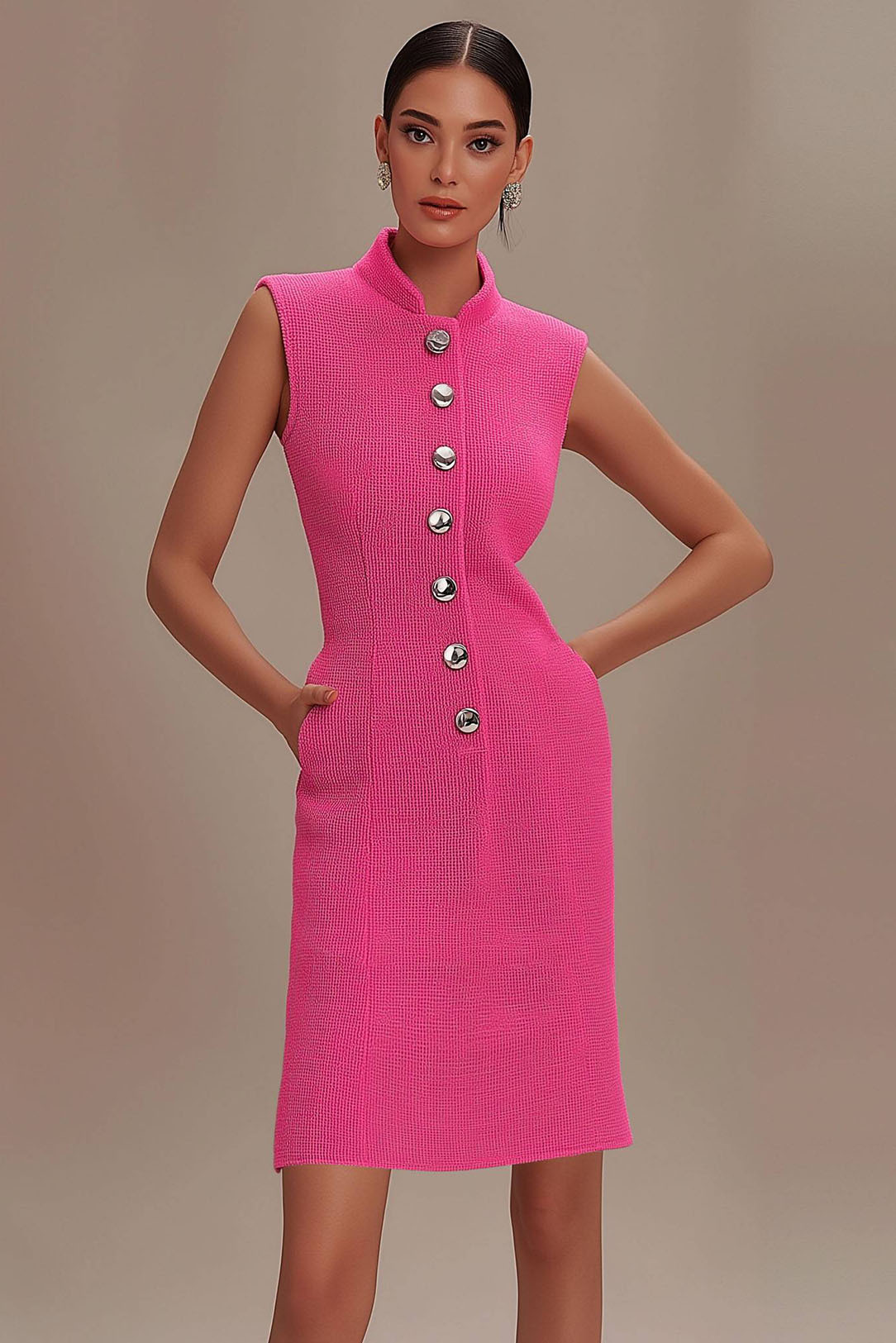 Work Dress Pink Sleeveless Buttoned Pocket Mini Dress
