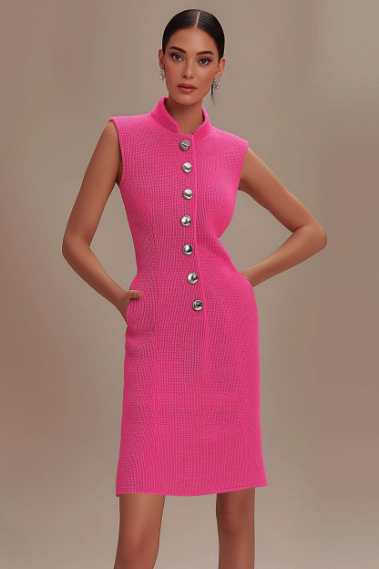 Work Dress Pink Sleeveless Buttoned Pocket Mini Dress