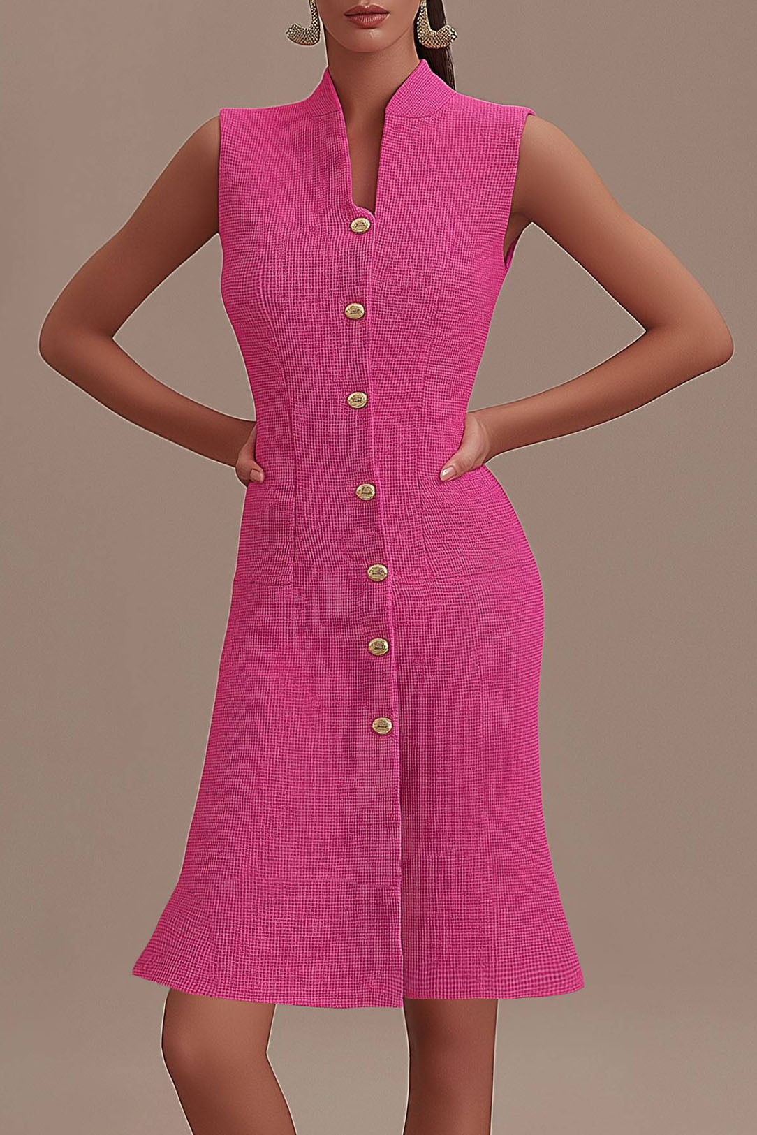Business Semi-Formal Dress Pink Fitted Sleeveless Flared Midi Dress