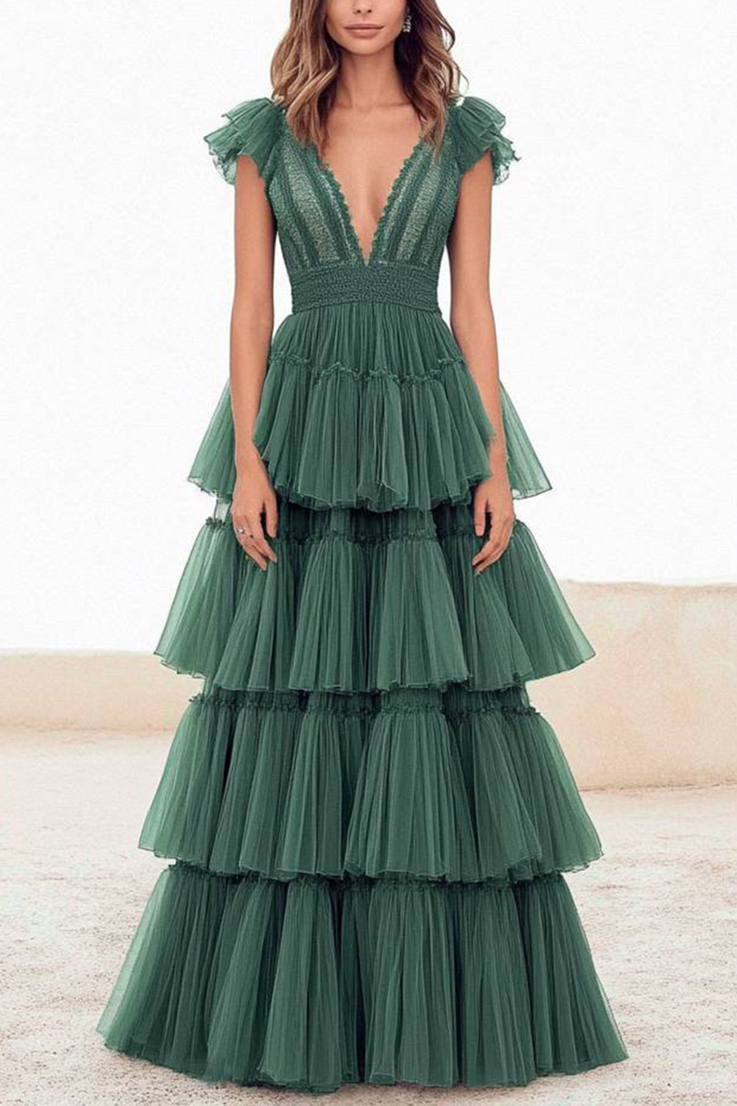 Cocktail Party Dress Green V-Neck Ruffle Multi-Layer Maxi Dress