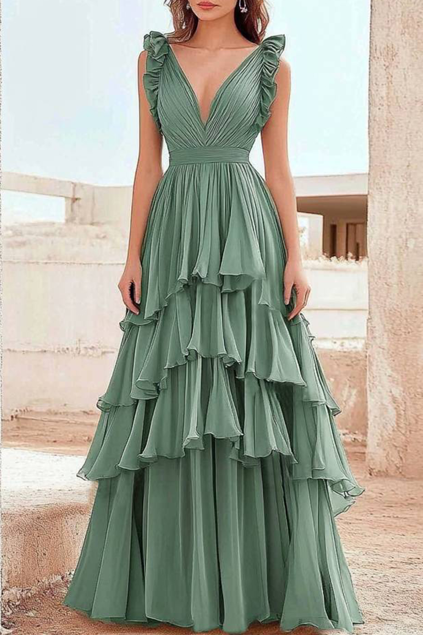 Party Prom Dress Green Ruffle Pleated V-Neck Floor Length Dress