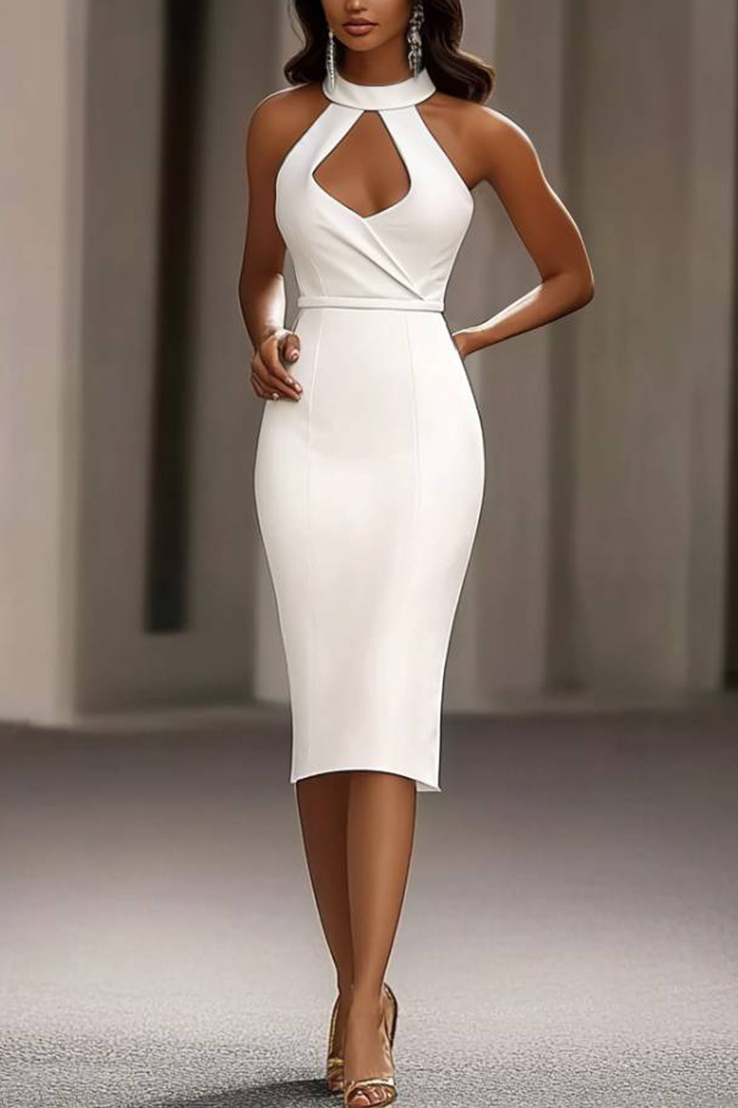 Work Party Dress White Halter Neck Hollow Straight Midi Dress