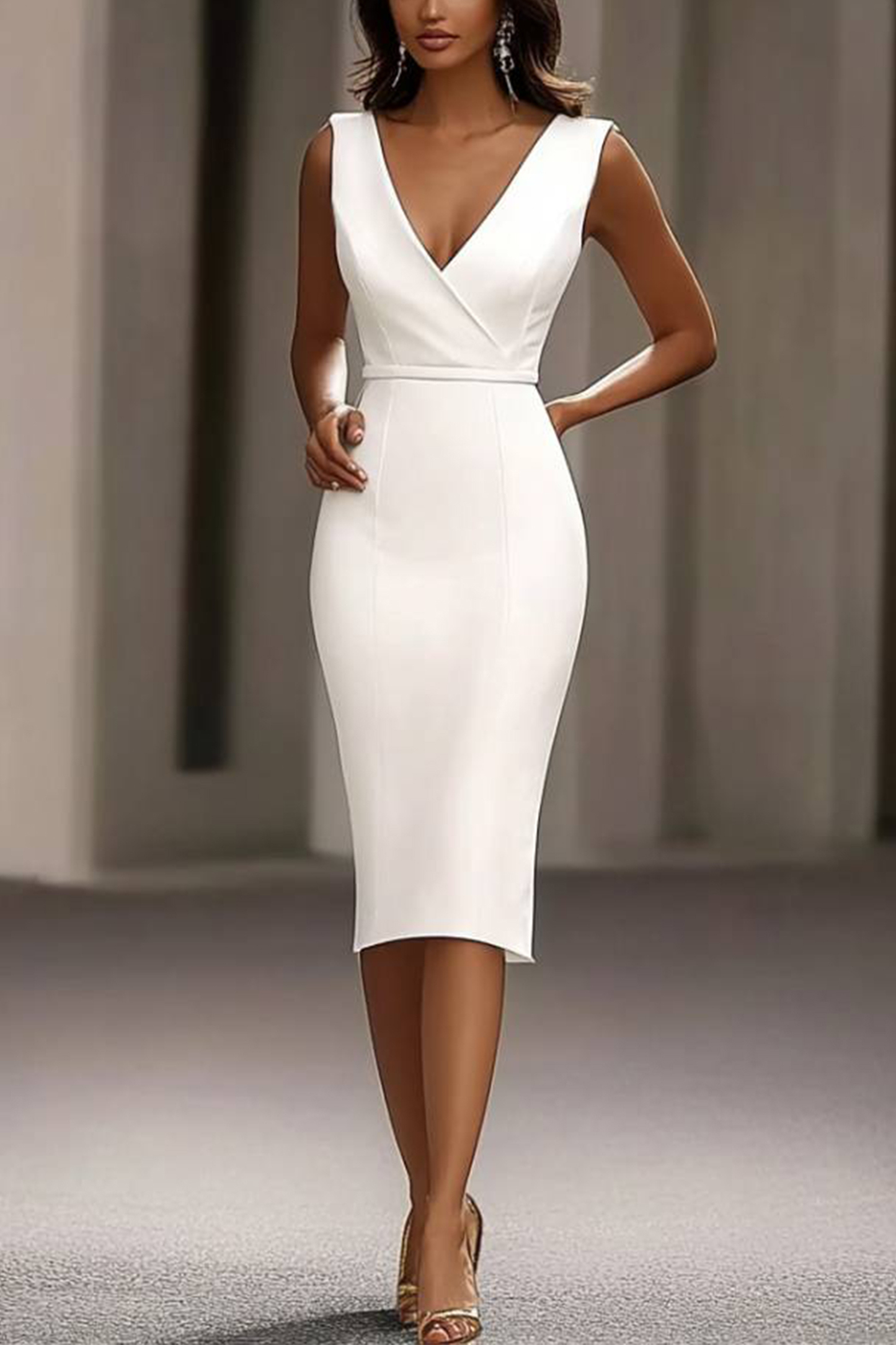 Semi-Formal Work Dress White V-Neck Straight Midi Dress