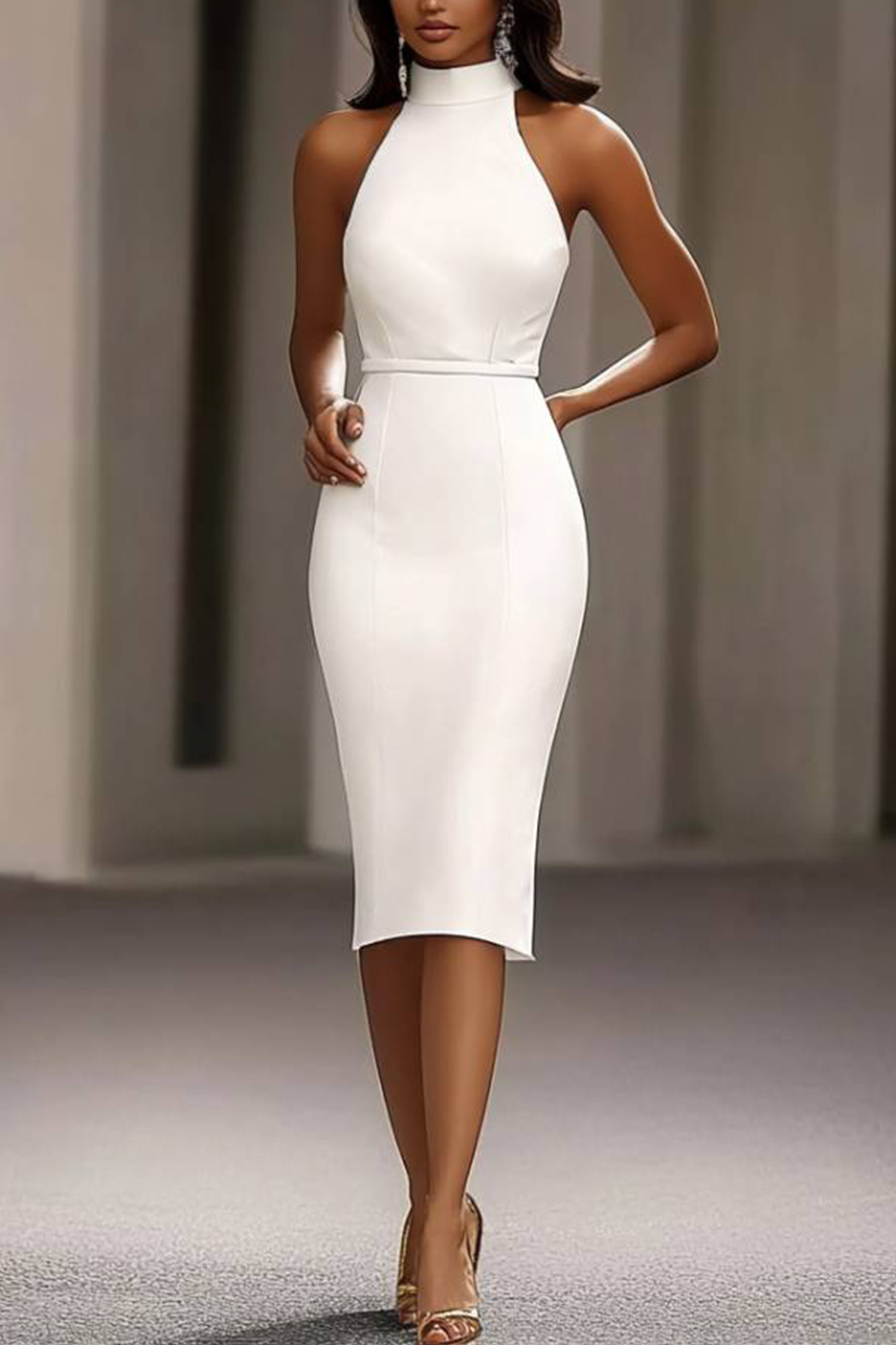 Semi-Formal Party Dress White Halter Neck Knee Length Dress