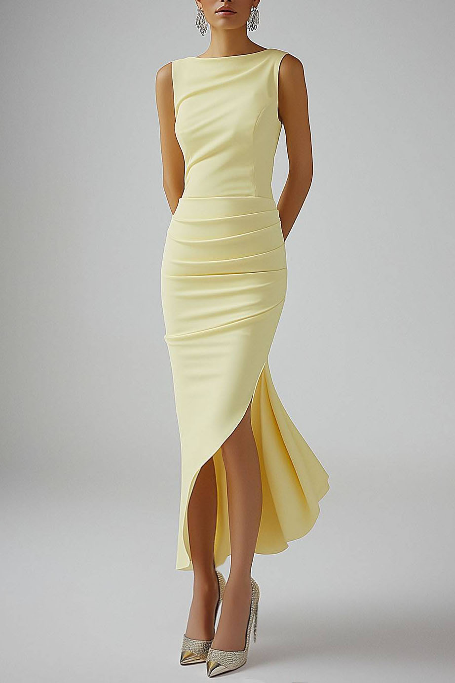Cocktail Party Dress Light Yellow Sleeveless Ruched Asymmetrical Midi