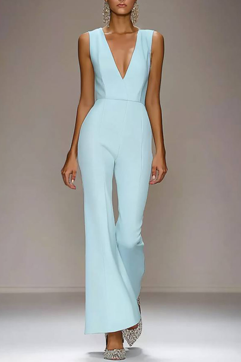Casual Party Solid Jumpsuit Light Blue Deep V Sleeveless Flare Long Pants