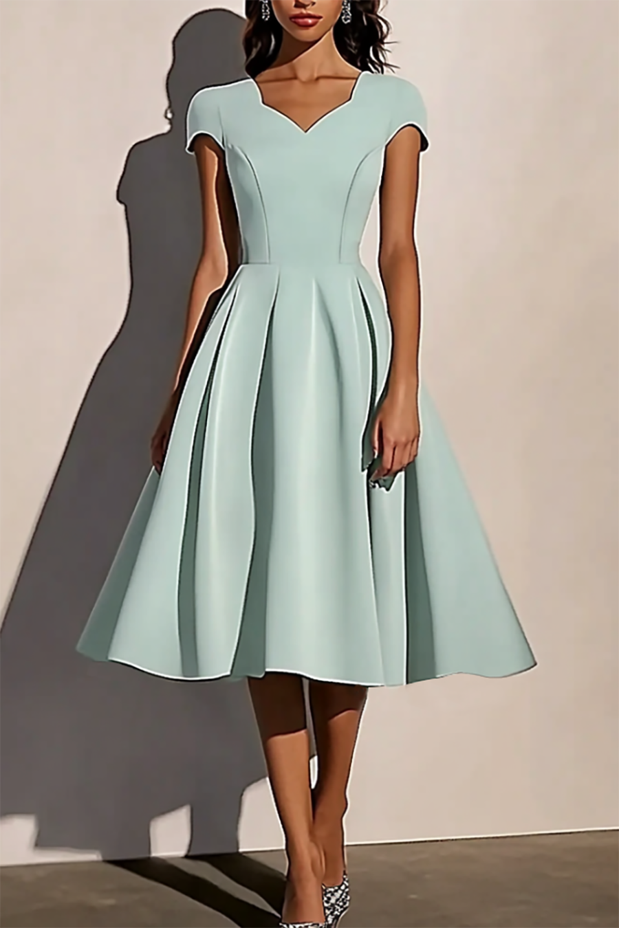 Cocktail Party Dress Light Green V-Neck Short Sleeve Flowy Midi Dress